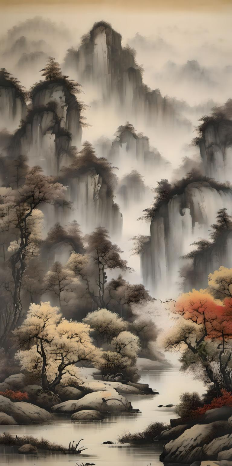 Chinese Paintings,Chinese Paintings, Nature, landscape, scenery, no humans, tree, water, waterfall, nature