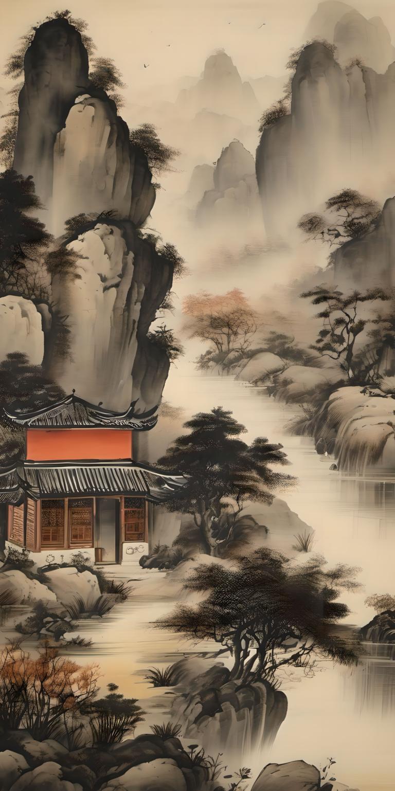 Chinese Paintings,Chinese Paintings, Nature, landscape, no humans, tree, scenery, architecture, mountain