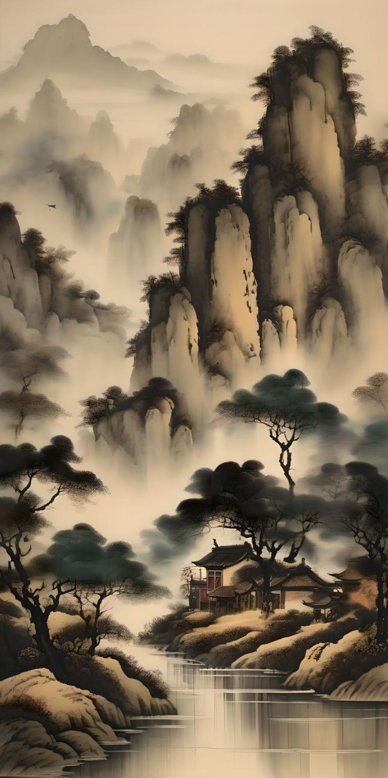 Chinese Paintings,Chinese Paintings, Nature, landscape, scenery, tree, no humans, water, mountain, nature