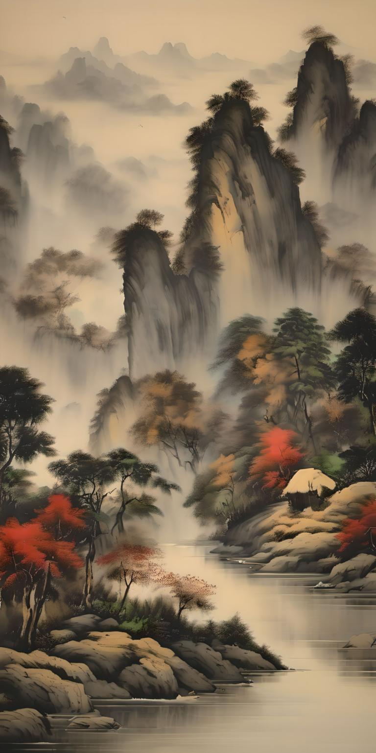 Peintures chinoises,Peintures chinoises, Nature, paysage, pas d'humains, arbre, paysage, nature, montagne