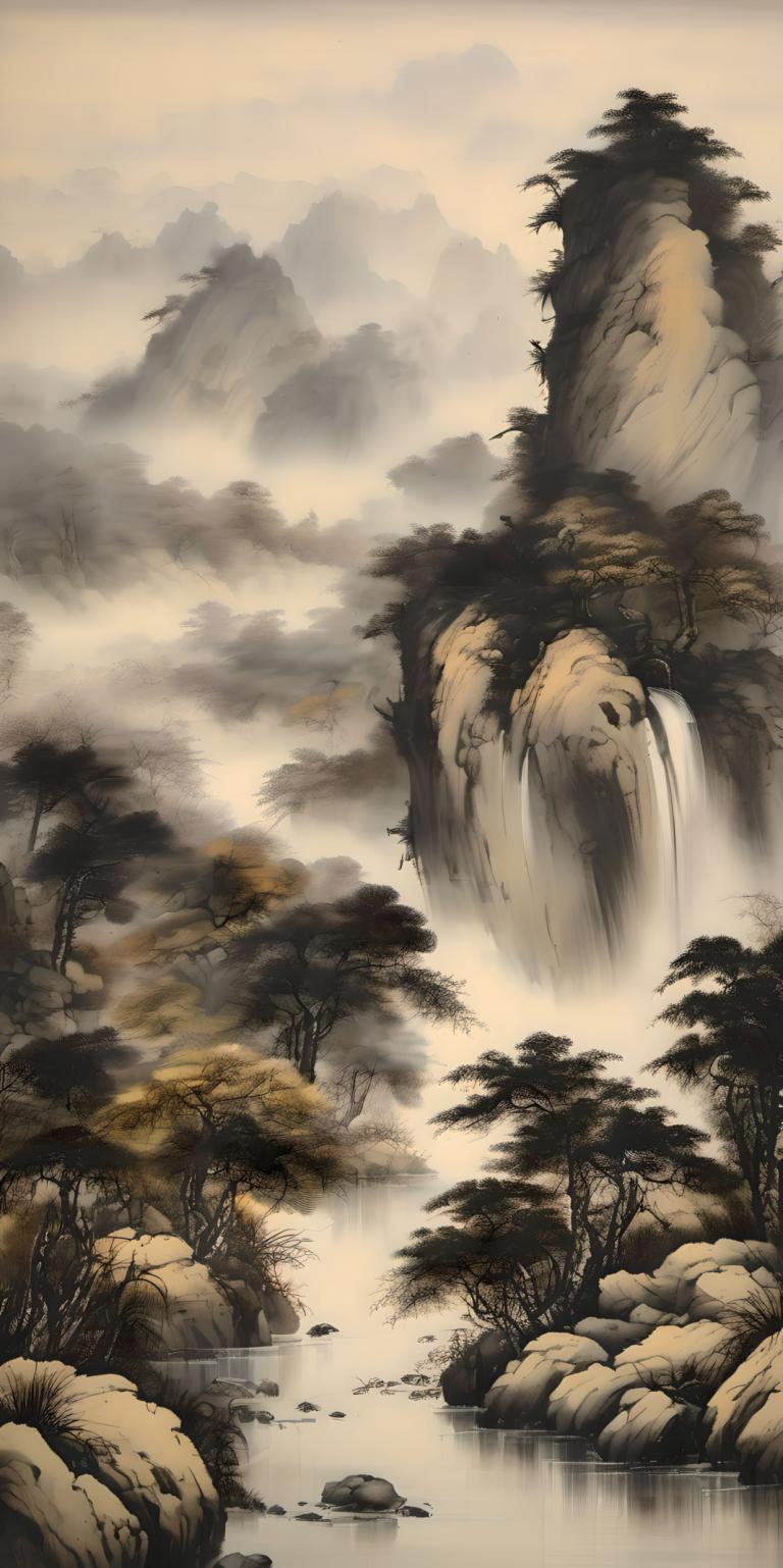 Chinese Paintings,Chinese Paintings, Nature, landscape, no humans, scenery, tree, waterfall, nature, water