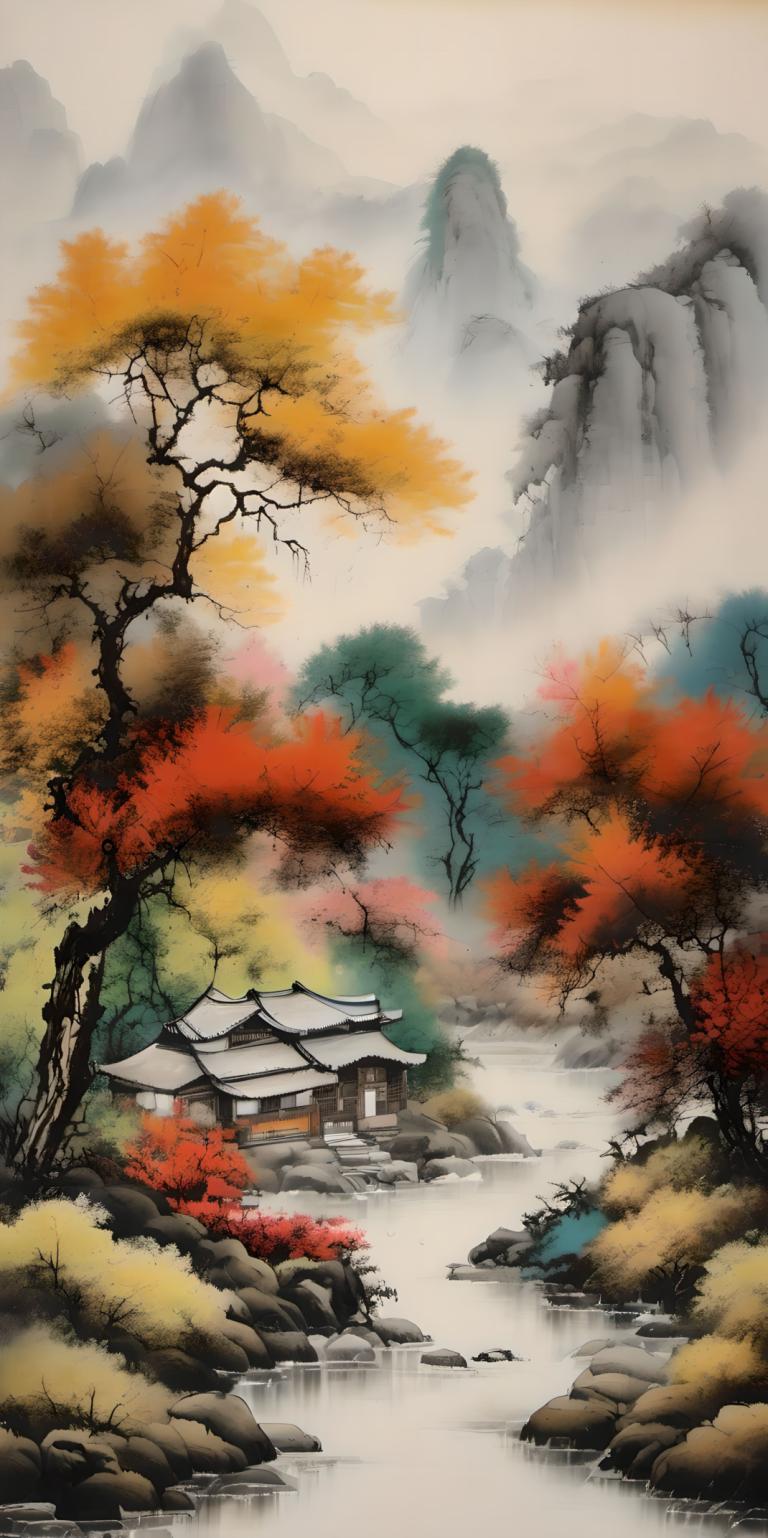 Chinese Paintings,Chinese Paintings, Nature, landscape, no humans, scenery, tree, mountain, autumn, water