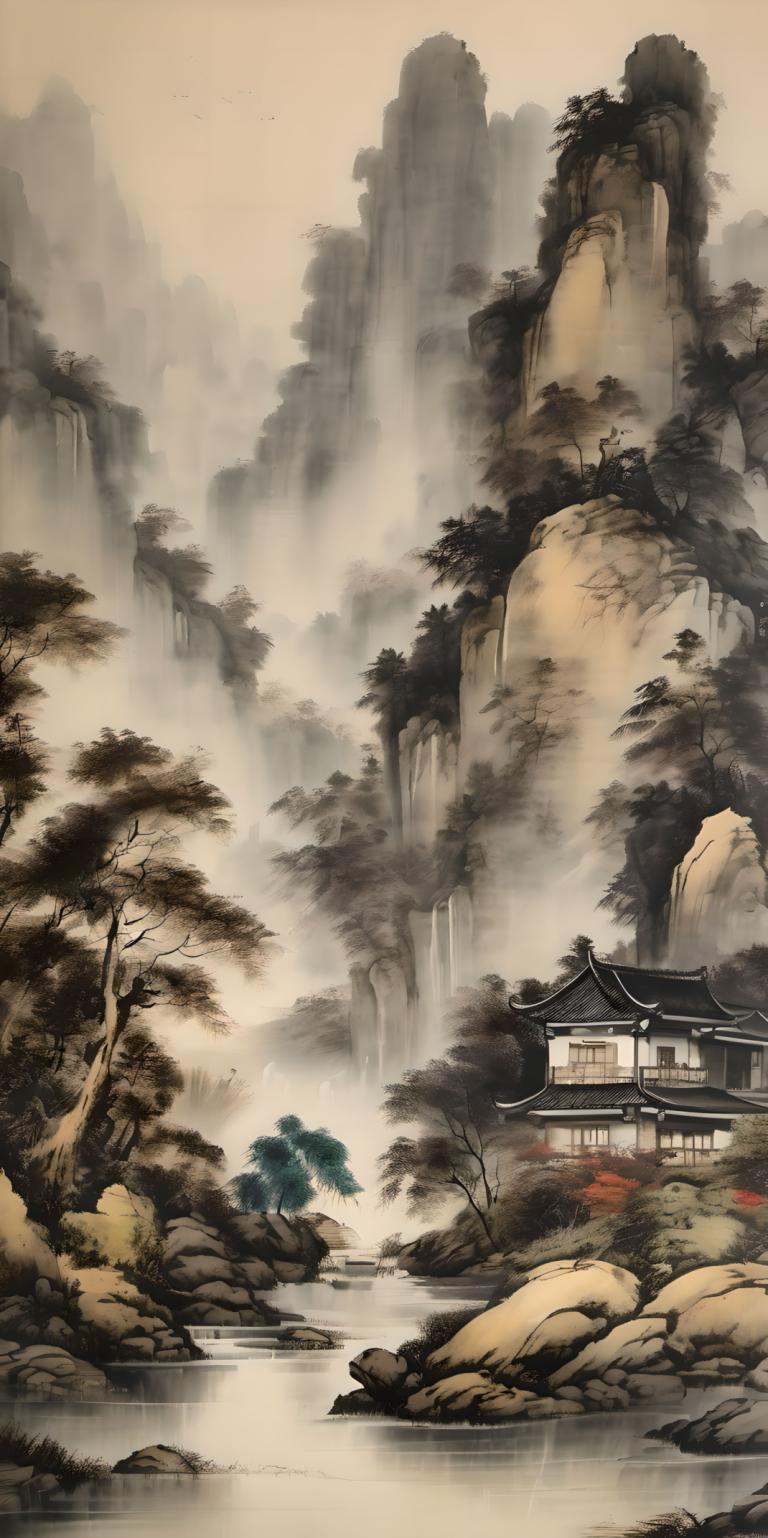 中国絵画,中国絵画, 自然, 風景, 木, 景色, 滝, 建築, 水, 東アジアの建築, 川代にとり, 人間がいない, 自然, 川, 屋外, 山