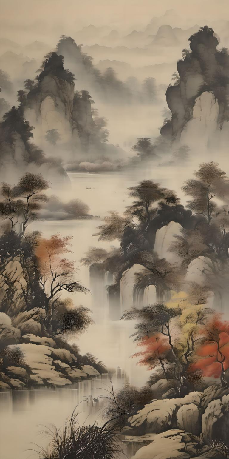 Chinesische Gemälde,Chinesische Gemälde, Natur, Landschaft, keine Menschen, Landschaft, Baum, Wasser, Nebel