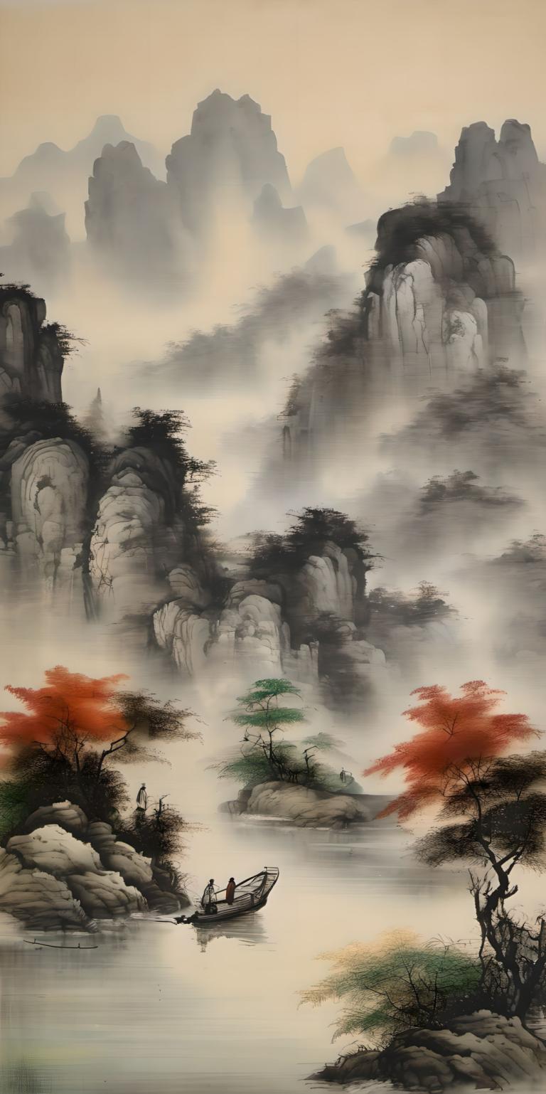 中国絵画,中国絵画, 自然, 風景, 景色, ボート, 木, 水上バイク, 水, 橋, 川, 人間がいない, 滝, 自然, 山, 風景, 霧