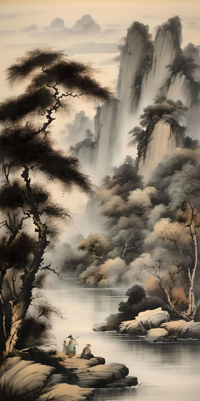 中国絵画,中国絵画, 自然, 風景, 滝, 水, 木, 川, 釣り竿, 釣り, 景色, 複数の男の子, 自然, 屋外, 帽子, ロック, 男の子2人