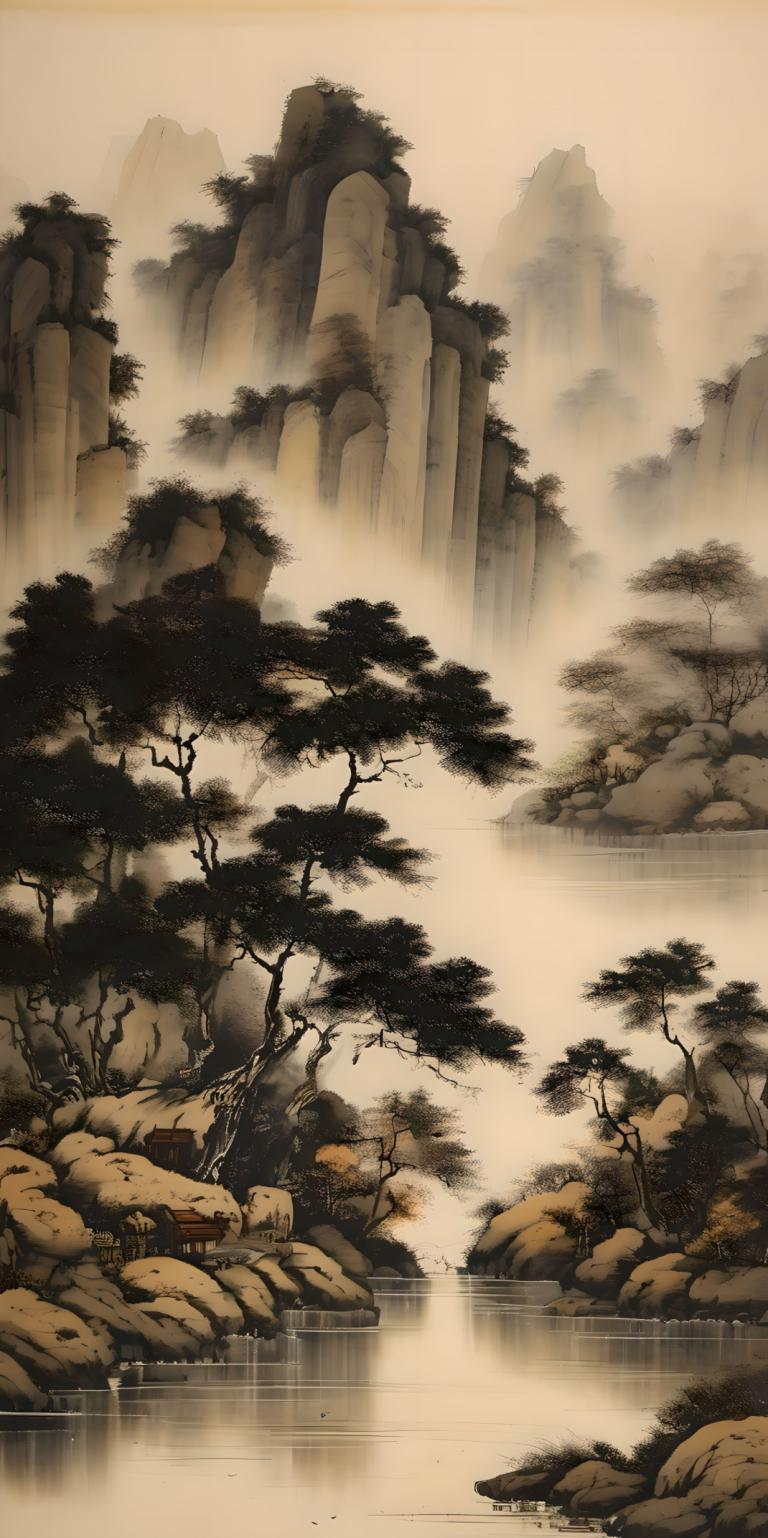 Chinese Paintings,Chinese Paintings, Nature, landscape, no humans, tree, water, scenery, waterfall, nature