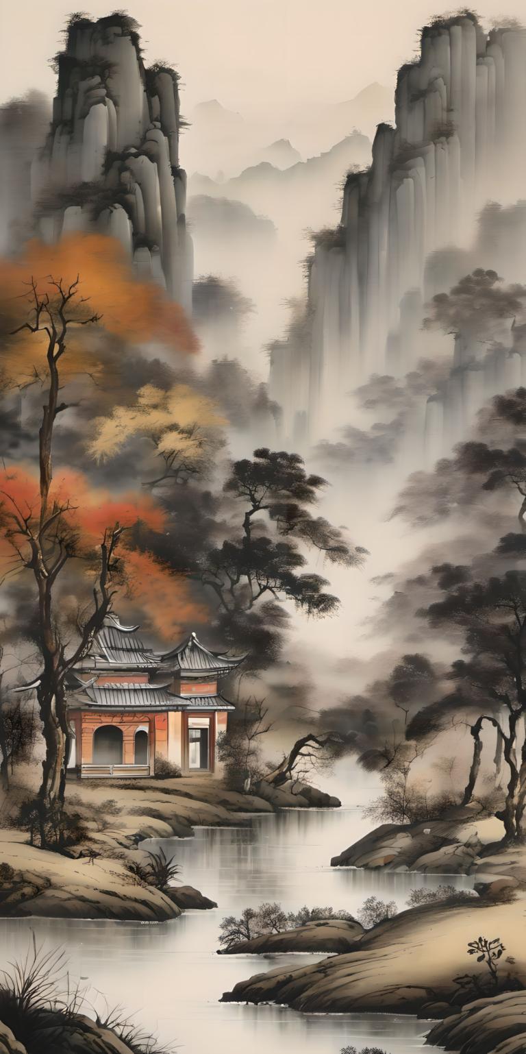 Peintures chinoises,Peintures chinoises, Nature, paysage, pas d'humains, arbre, paysage, eau, cascade