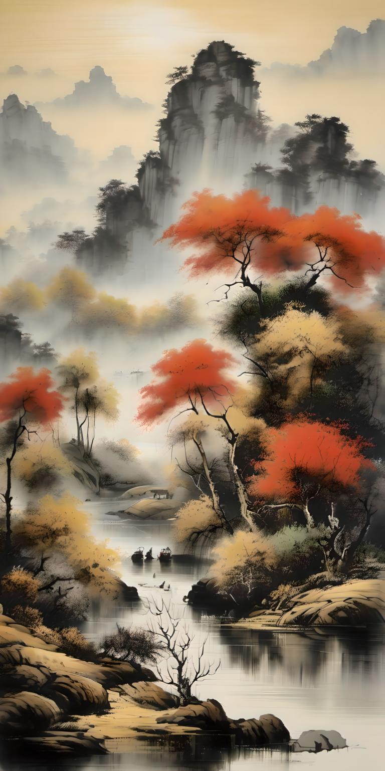 Peintures chinoises,Peintures chinoises, Nature, paysage, pas d'humains, arbre, paysage, cascade, eau, nature