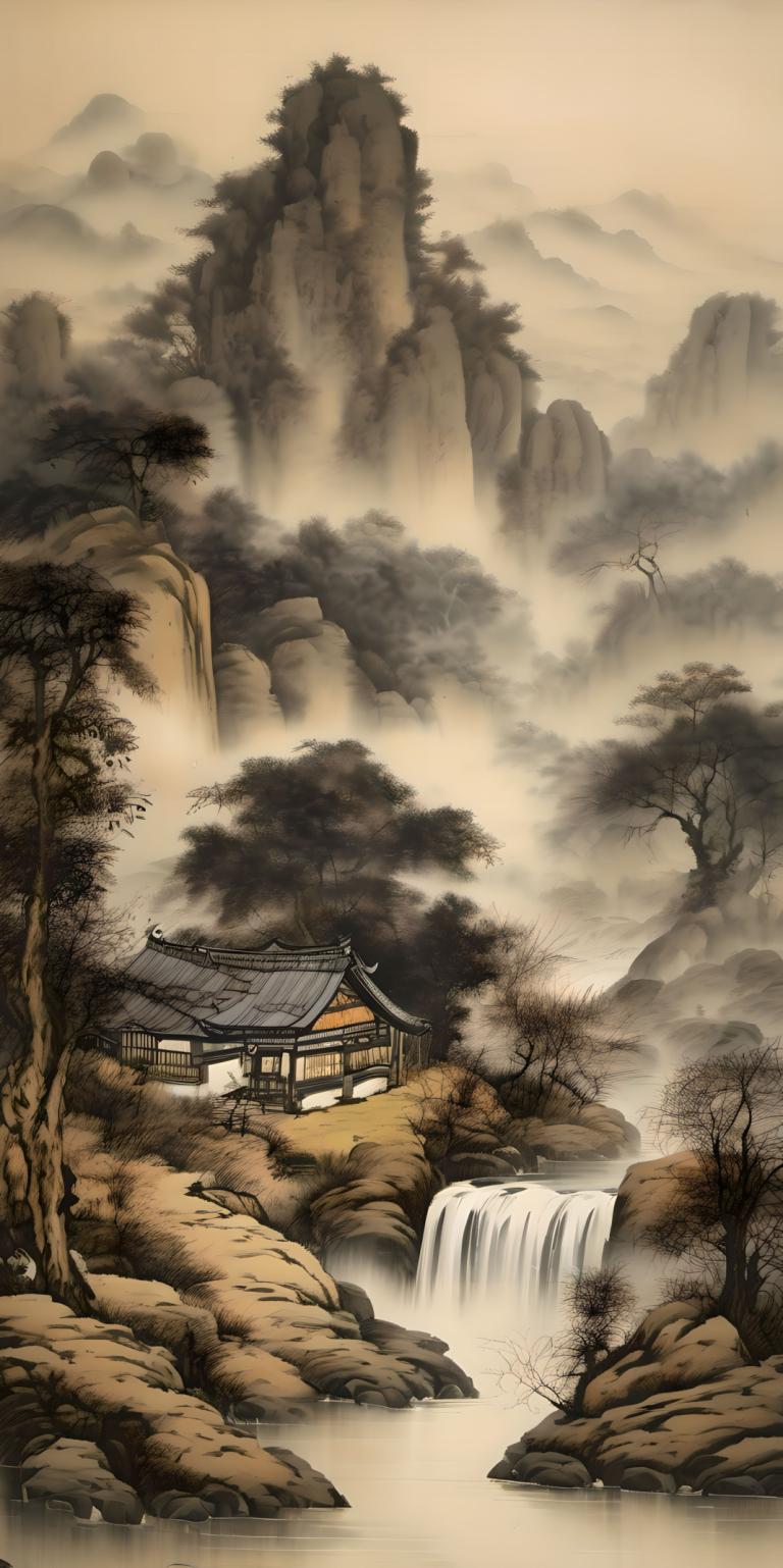 Chinese Paintings,Chinese Paintings, Nature, landscape, no humans, scenery, tree, waterfall, water, mountain