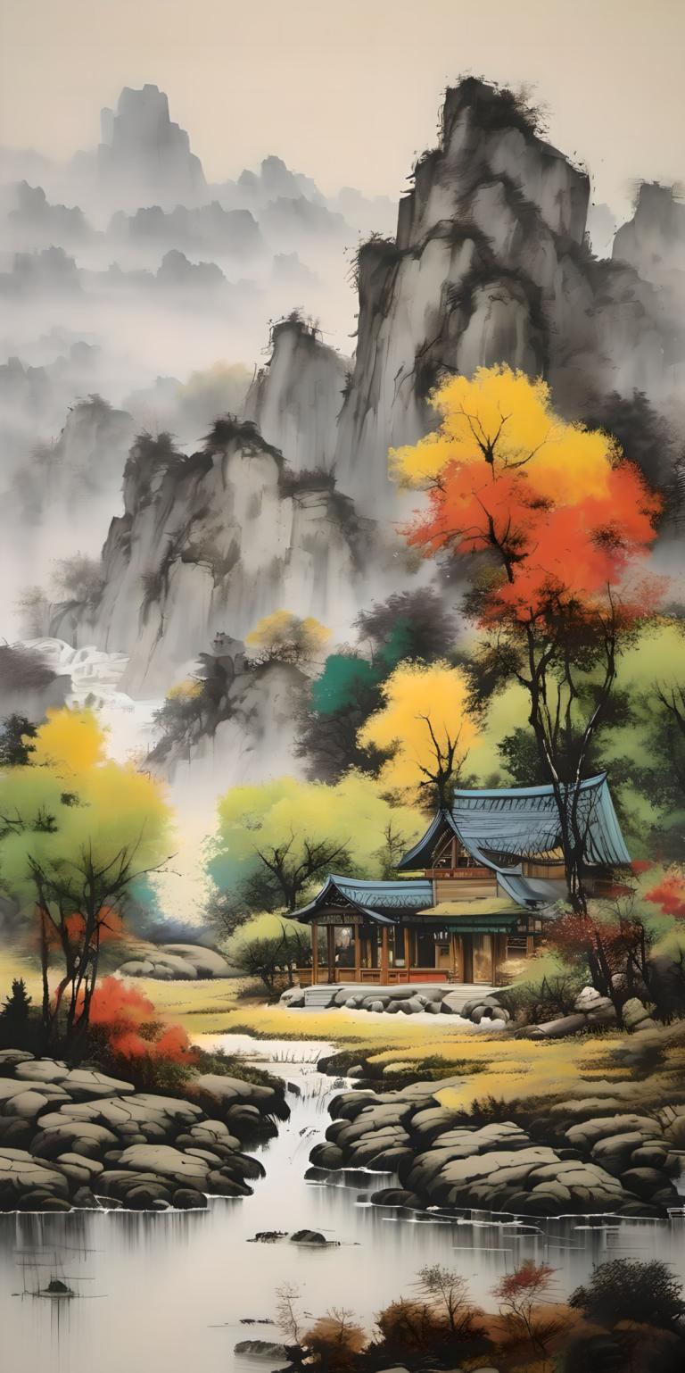 Peintures chinoises,Peintures chinoises, Nature, paysage, pas d'humains, paysage, arbre, eau, en plein air