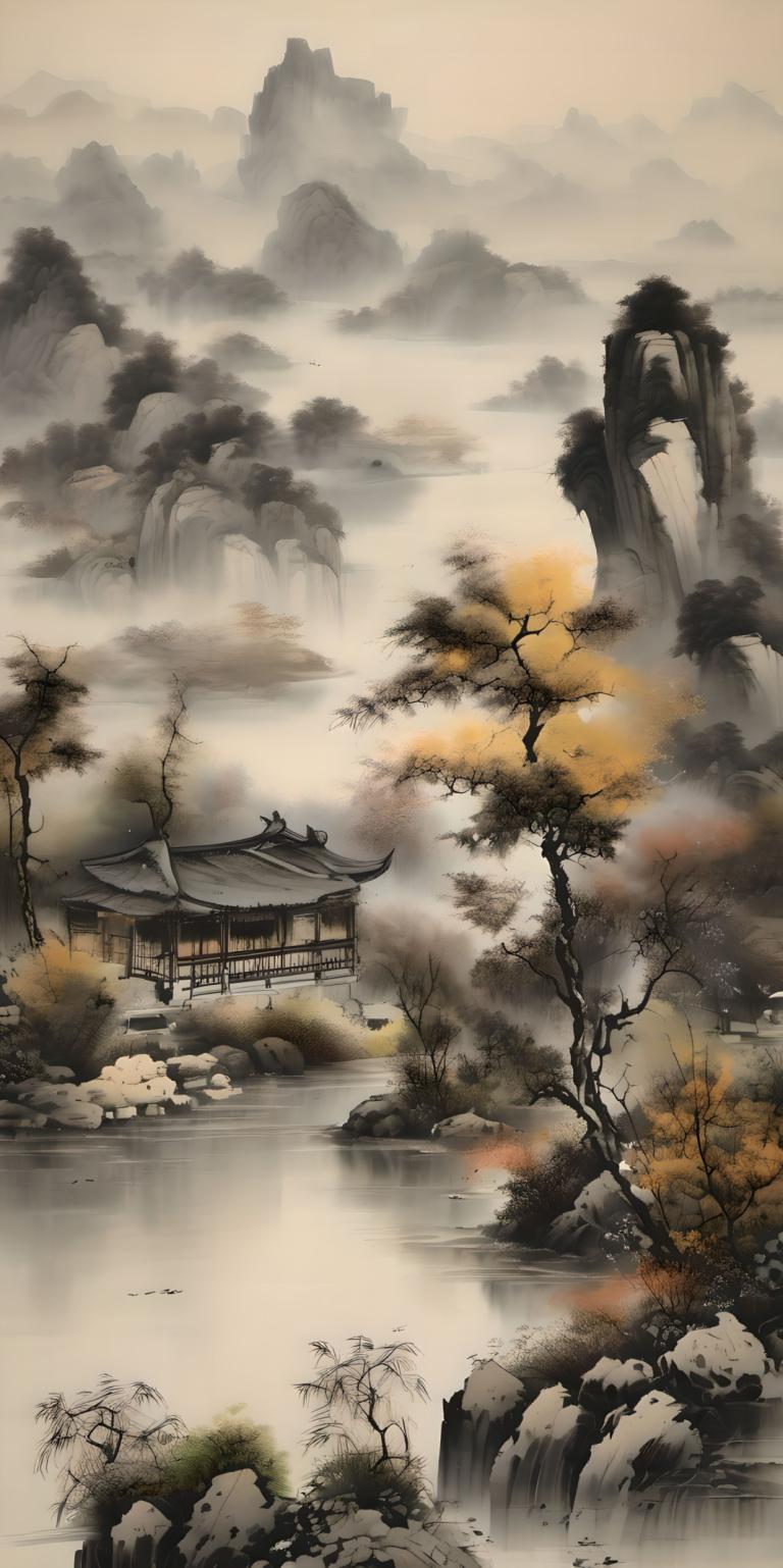 Peintures chinoises,Peintures chinoises, Nature, paysage, pas d'humains, arbre, paysage, architecture