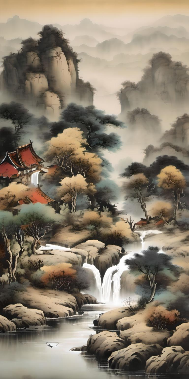 Peintures chinoises,Peintures chinoises, Nature, paysage, cascade, paysage, pas d'humains, arbre, eau, nature