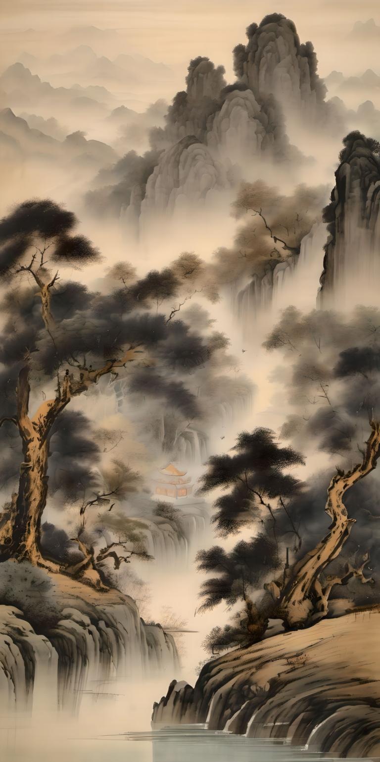 Peintures chinoises,Peintures chinoises, Nature, paysage, pas d'humains, paysage, cascade, arbre, eau, nature