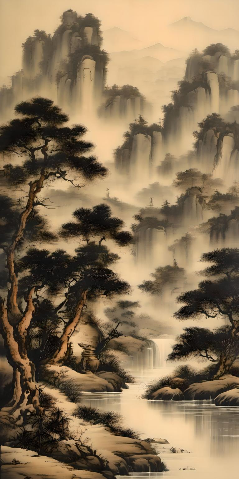 Chinese Paintings,Chinese Paintings, Nature, landscape, waterfall, tree, water, scenery, no humans, nature