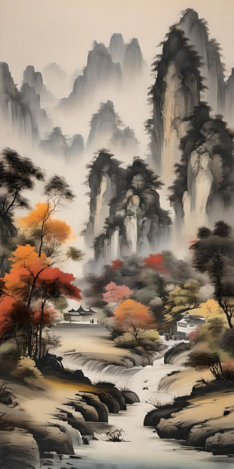 Peintures chinoises,Peintures chinoises, Nature, paysage, pas d'humains, paysage, arbre, eau, cascade