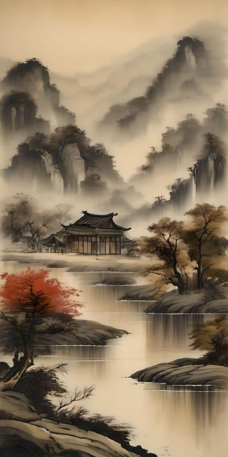 Peintures chinoises,Peintures chinoises, Nature, paysage, pas d'humains, arbre, paysage, eau, architecture