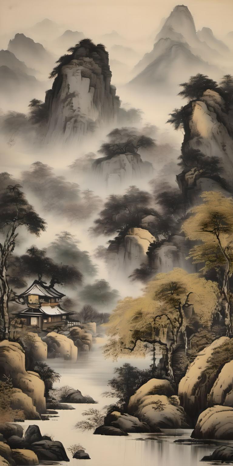 Chinese Paintings,Chinese Paintings, Nature, landscape, no humans, scenery, tree, mountain, architecture