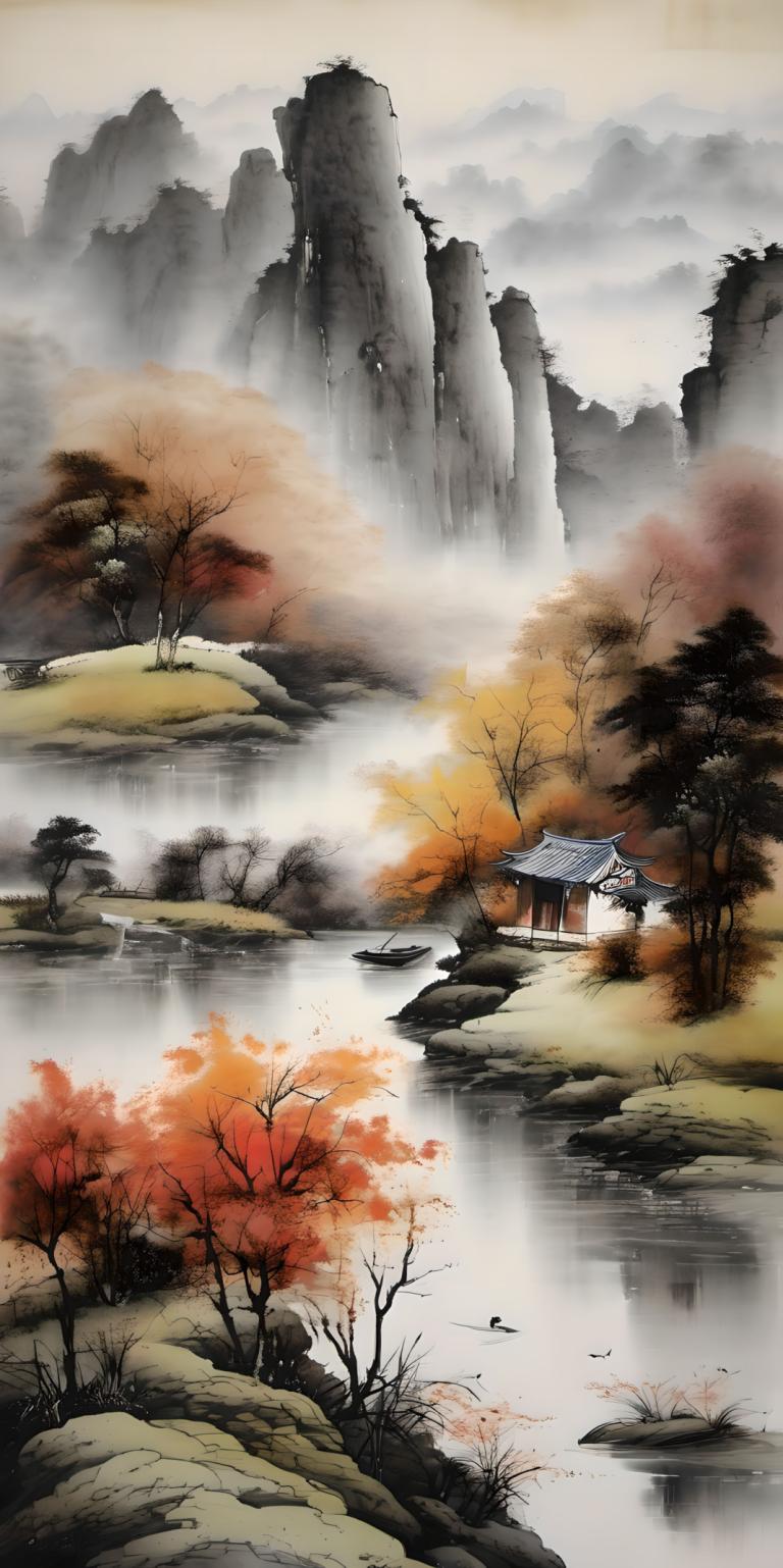 Chinese Paintings,Chinese Paintings, Nature, landscape, no humans, scenery, tree, waterfall, water, mountain