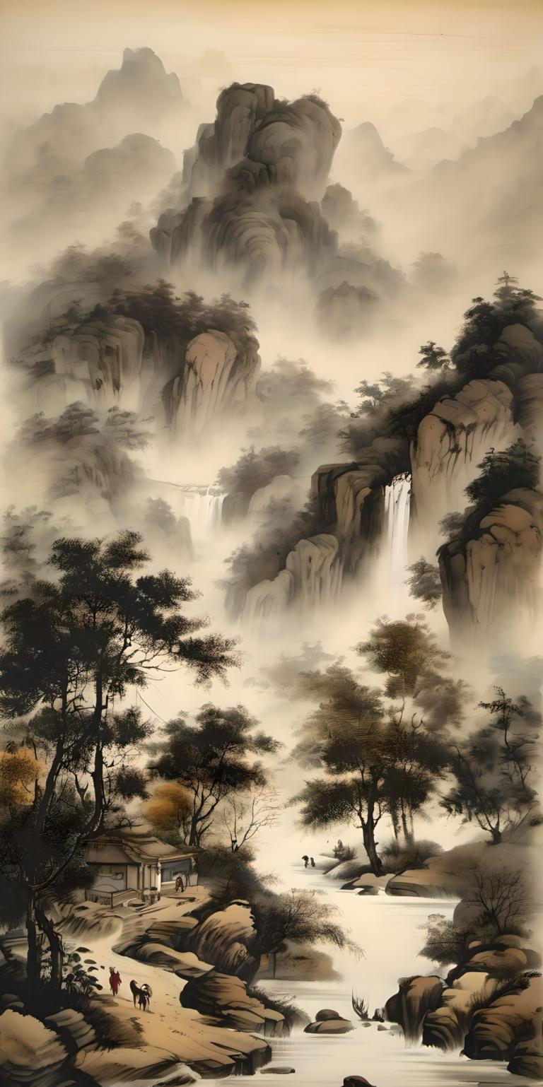 Chinese Paintings,Chinese Paintings, Nature, landscape, waterfall, scenery, tree, water, no humans, nature