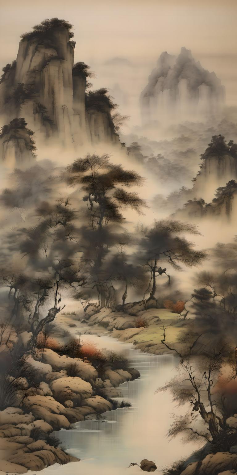 Peintures chinoises,Peintures chinoises, Nature, paysage, pas d'humains, paysage, arbre, eau, nature, cascade