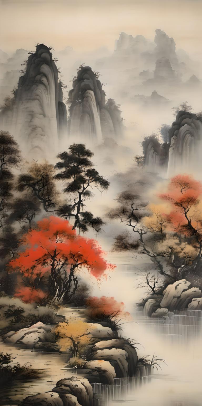 Chinese Paintings,Chinese Paintings, Nature, landscape, no humans, tree, scenery, water, waterfall, fog