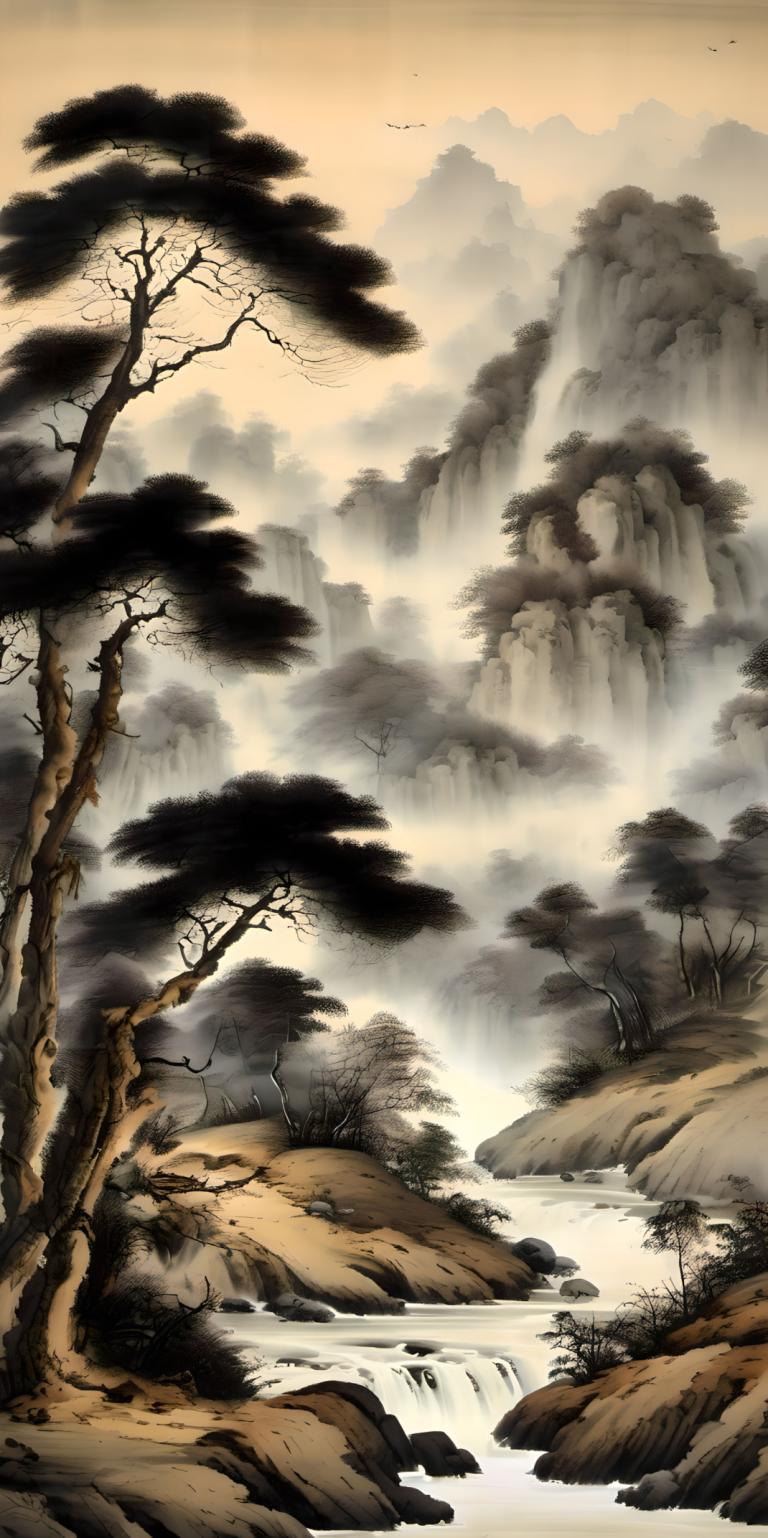 Chinese Paintings,Chinese Paintings, Nature, landscape, no humans, scenery, tree, water, outdoors, nature