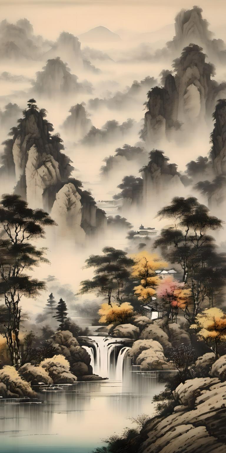 Chinese Paintings,Chinese Paintings, Nature, landscape, waterfall, scenery, tree, water, no humans, nature