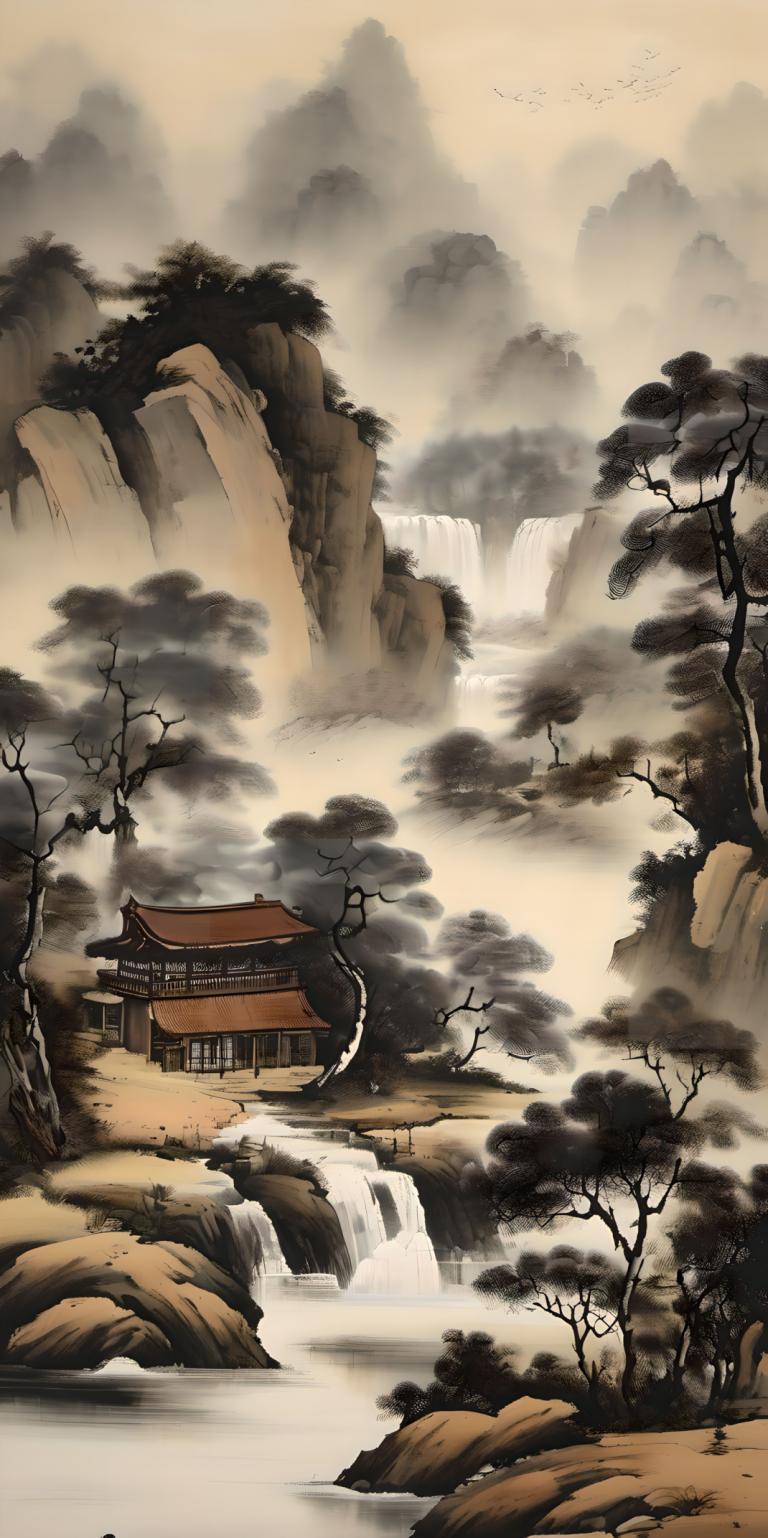 Chinese Paintings,Chinese Paintings, Nature, landscape, no humans, tree, scenery, water, outdoors, waterfall