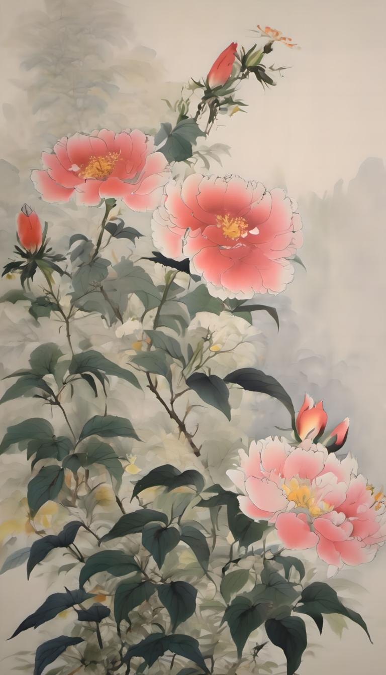 国画,国画, 自然, 花, 没有人类, 花, 叶子, 静物, 植物, 红花, 风景, 粉红色的花, 灰色背景