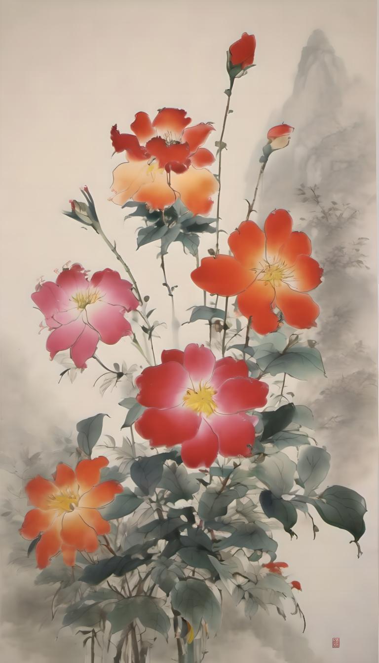 国画,国画, 自然, 花, 没有人类, 花, 红花, 叶子, 静物, 植物, 山, 风景, 签名, 茶花, 户外