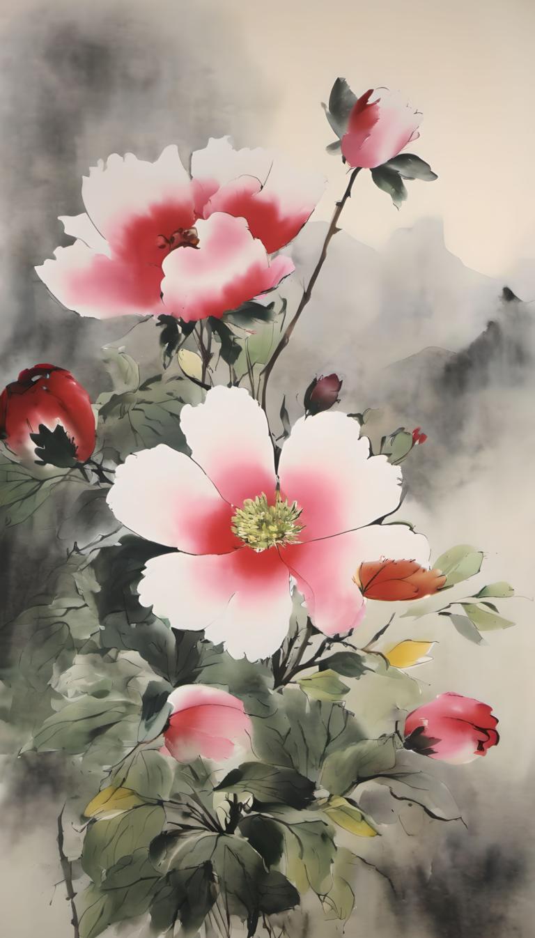 中国絵画,中国絵画, 自然, 花, 人間がいない, 花, 葉, 静物, ピンクの花, 赤い花, 景色, 屋外, 植物, 山, チューリップ, 自然