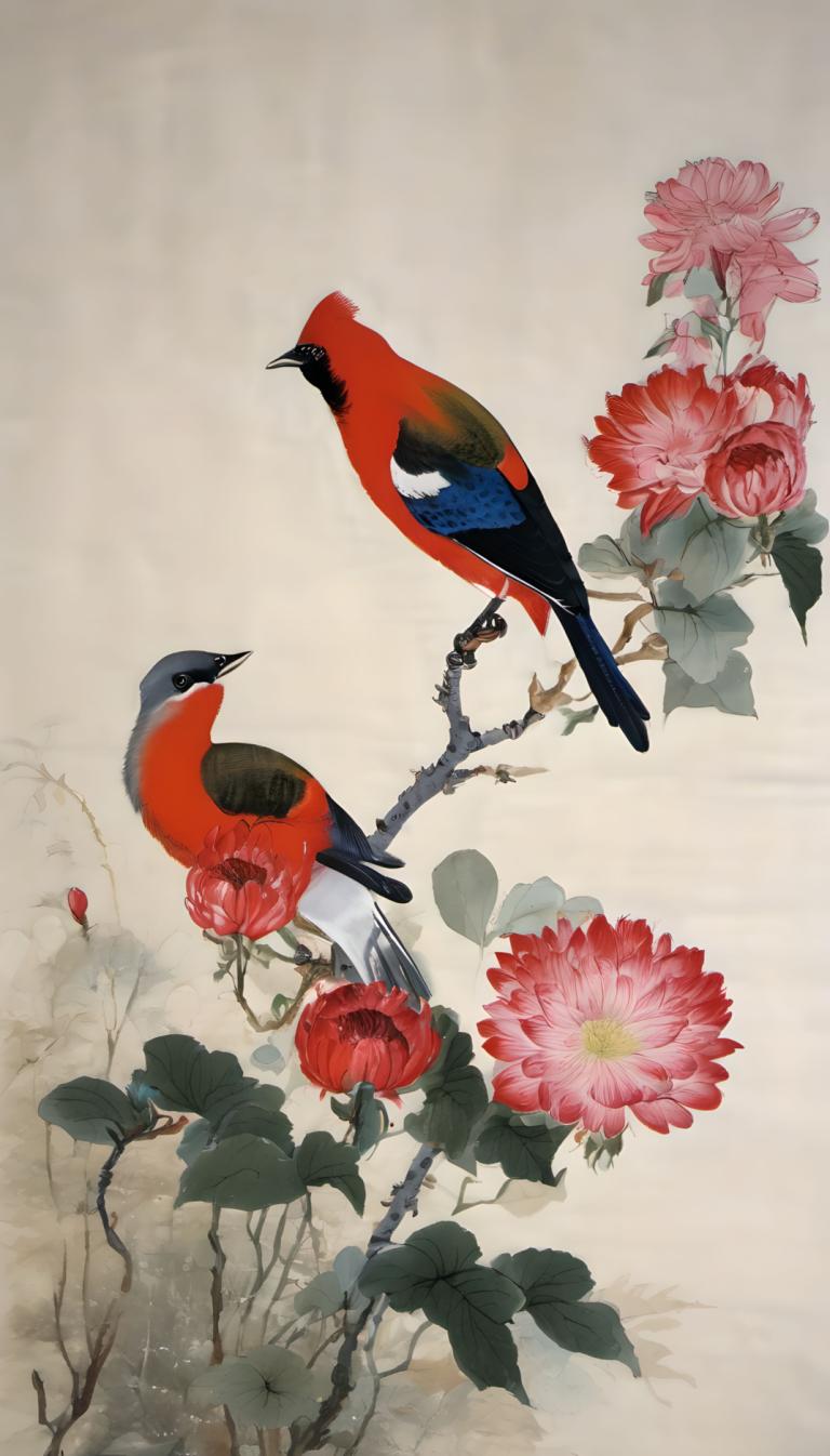 Chinese Paintings,Chinese Paintings, Nature, flowers, no humans, bird, flower, plant, leaf, branch