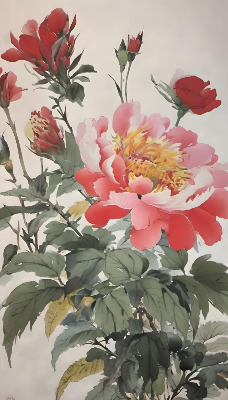 国画,国画, 自然, 花, 花, 叶子, 没有人类, 红花, 静物, 签名, 植物, 简单的背景, 灰色背景, 白色背景