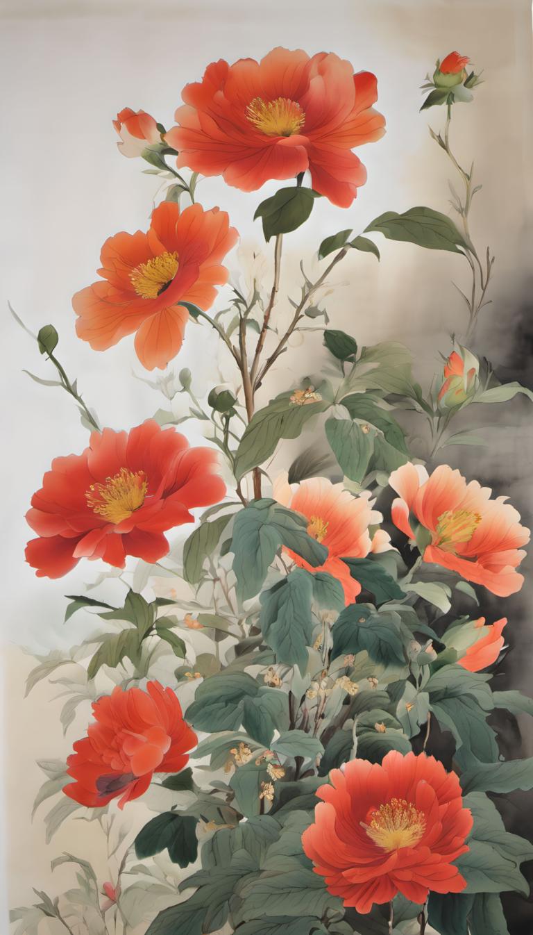 中国絵画,中国絵画, 自然, 花, 花, 人間がいない, 赤い花, 葉, 植物, 静物, カメリア, 景色