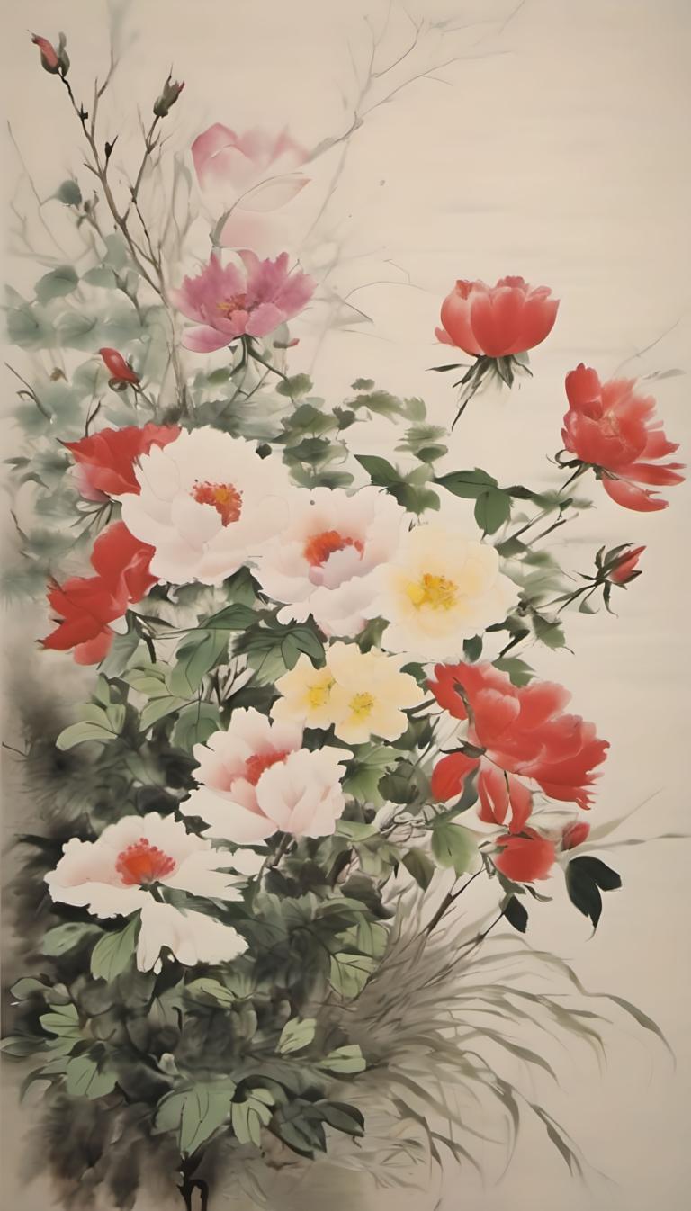 中国絵画,中国絵画, 自然, 花, 人間がいない, 花, 赤い花, 葉, 静物, 白い花, 従来のメディア, 植物, ピンクの花, 支店, 黄色い花