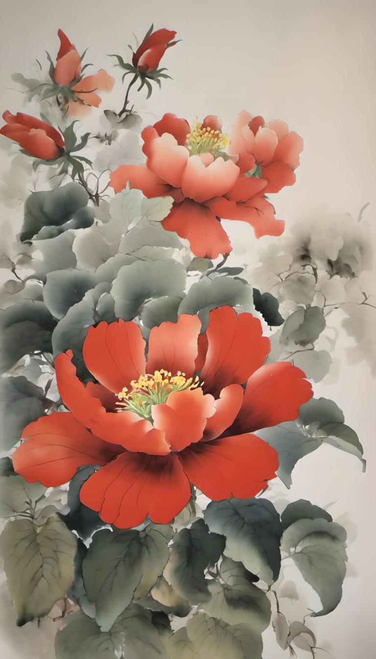 国画,国画, 自然, 花, 没有人类, 花, 静物, 红花, 叶子, 灰色背景