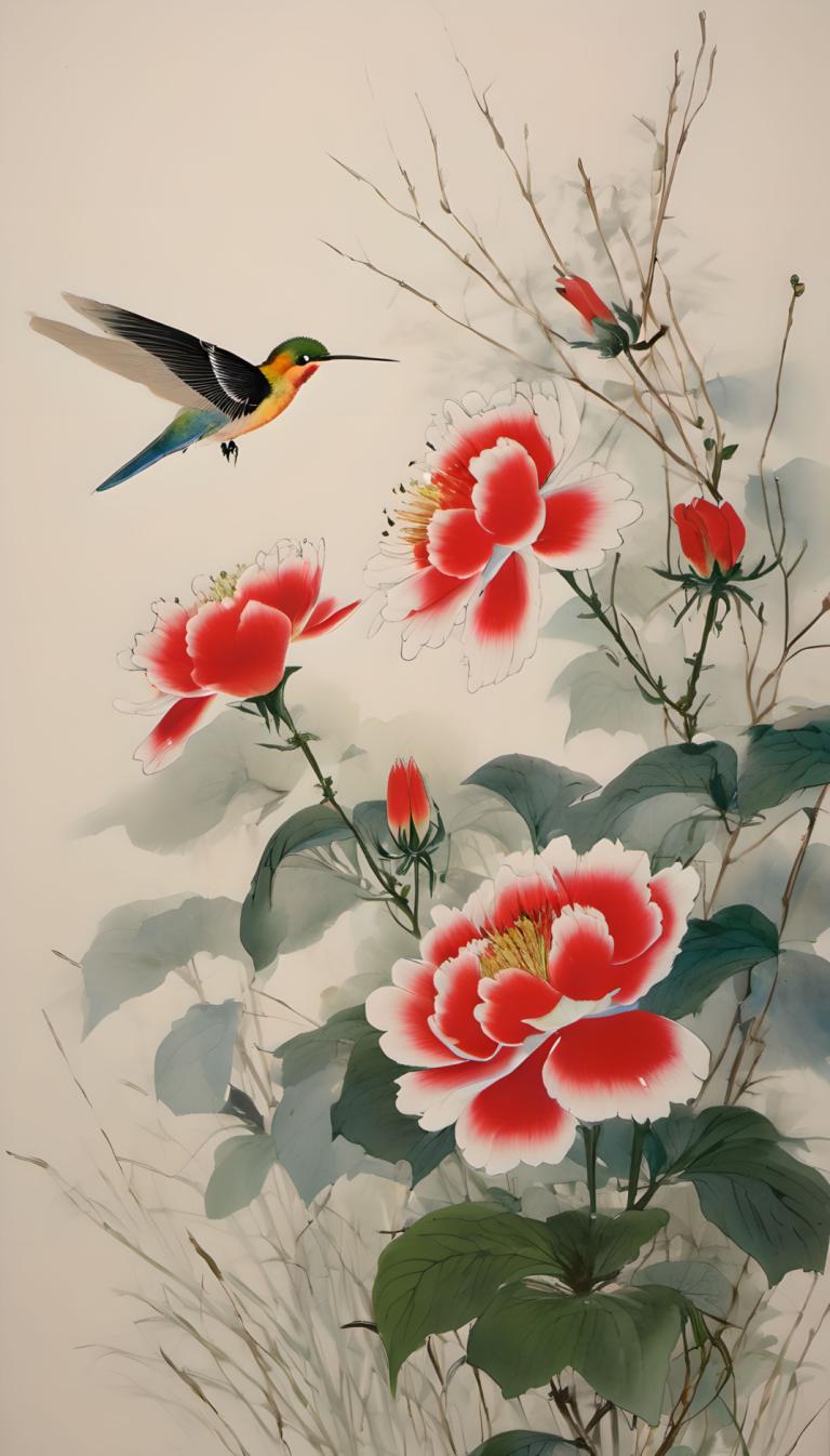 Chinese Paintings,Chinese Paintings, Nature, flowers, no humans, bird, flower, animal focus, leaf, red flower