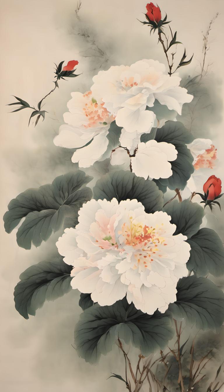 Chinese Paintings,Chinese Paintings, Nature, flowers, no humans, flower, still life, leaf, red flower, tree