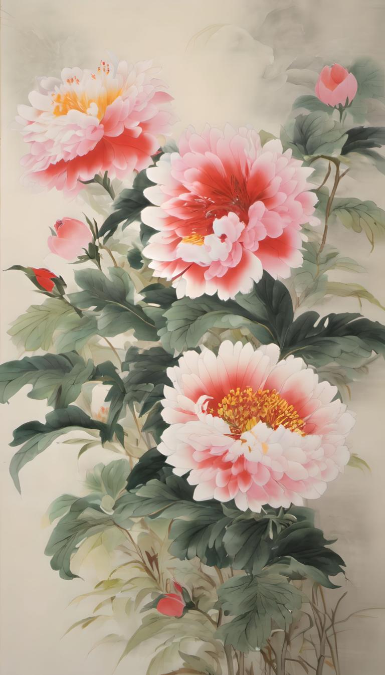 中国絵画,中国絵画, 自然, 花, 人間がいない, 花, 葉, 静物, ピンクの花, 植物, 赤い花