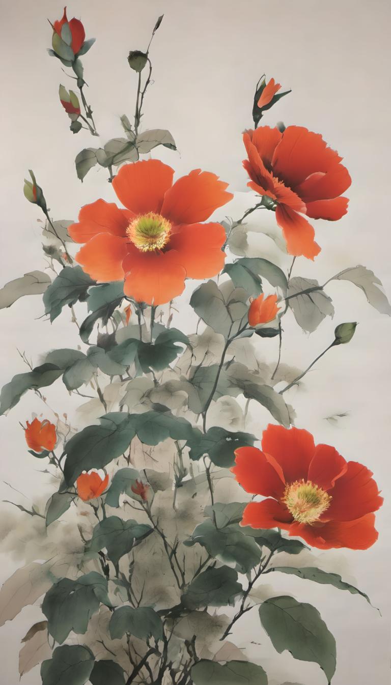 Chinese Paintings,Chinese Paintings, Nature, flowers, no humans, flower, leaf, still life, red flower