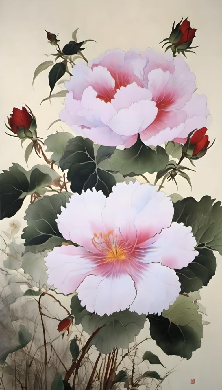 中国絵画,中国絵画, 自然, 花, 人間がいない, 花, 静物, 葉, ピンクの花, サイン, 植物, 赤い花, 白い花, 景色