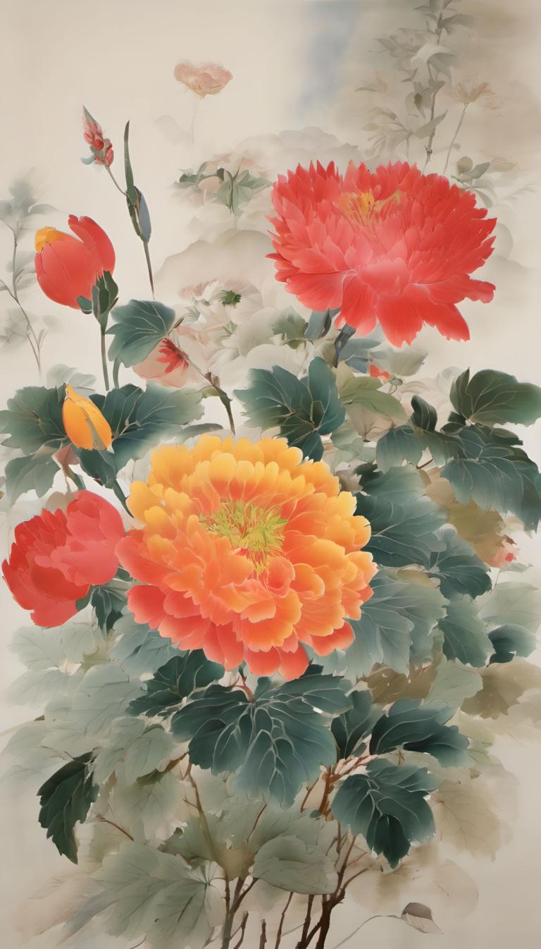 中国絵画,中国絵画, 自然, 花, 人間がいない, 花, 葉, 赤い花, 静物, オレンジ色の花, 景色, 植物