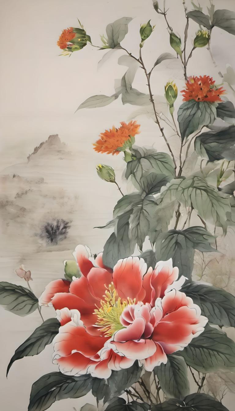 中国絵画,中国絵画, 自然, 花, 人間がいない, 花, 葉, 静物, 赤い花, 景色, 植物, 屋外