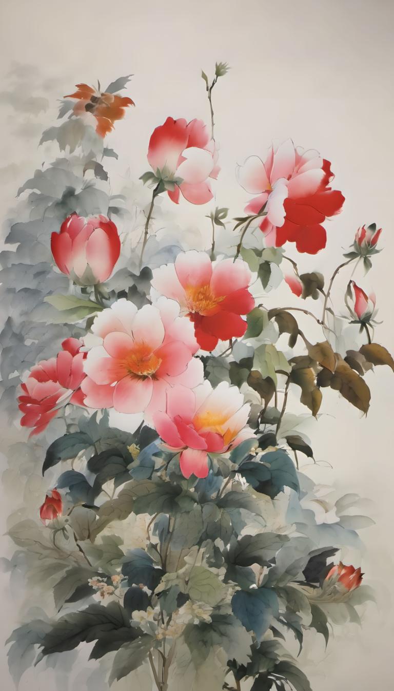 中国絵画,中国絵画, 自然, 花, 人間がいない, 花, 葉, 静物, 赤い花, 植物, 灰色の背景, ピンクの花, 従来のメディア