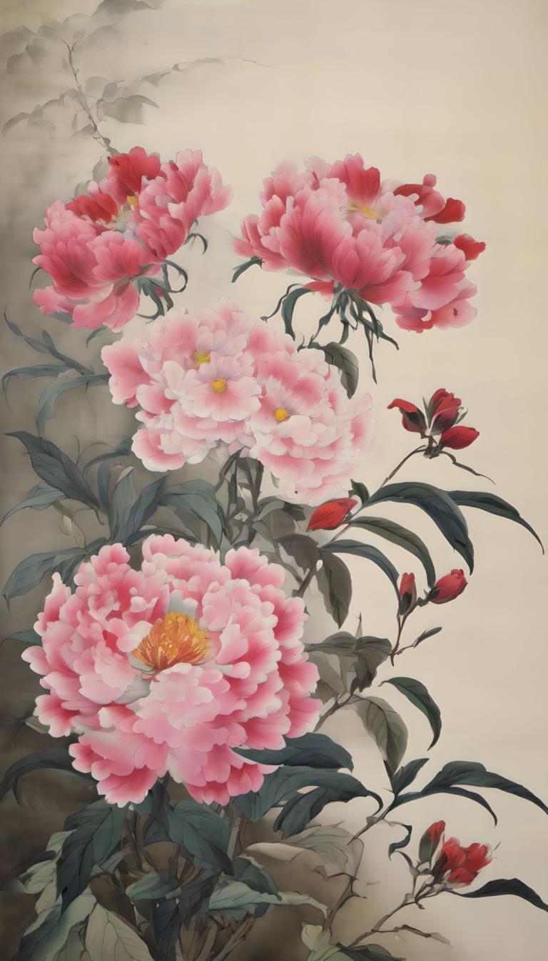 Chinese Paintings,Chinese Paintings, Nature, flowers, no humans, flower, leaf, still life, pink flower, plant