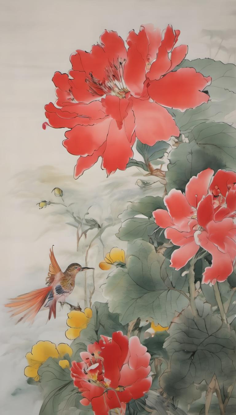 Chinese Paintings,Chinese Paintings, Nature, flowers, flower, bird, no humans, red flower, leaf, outdoors