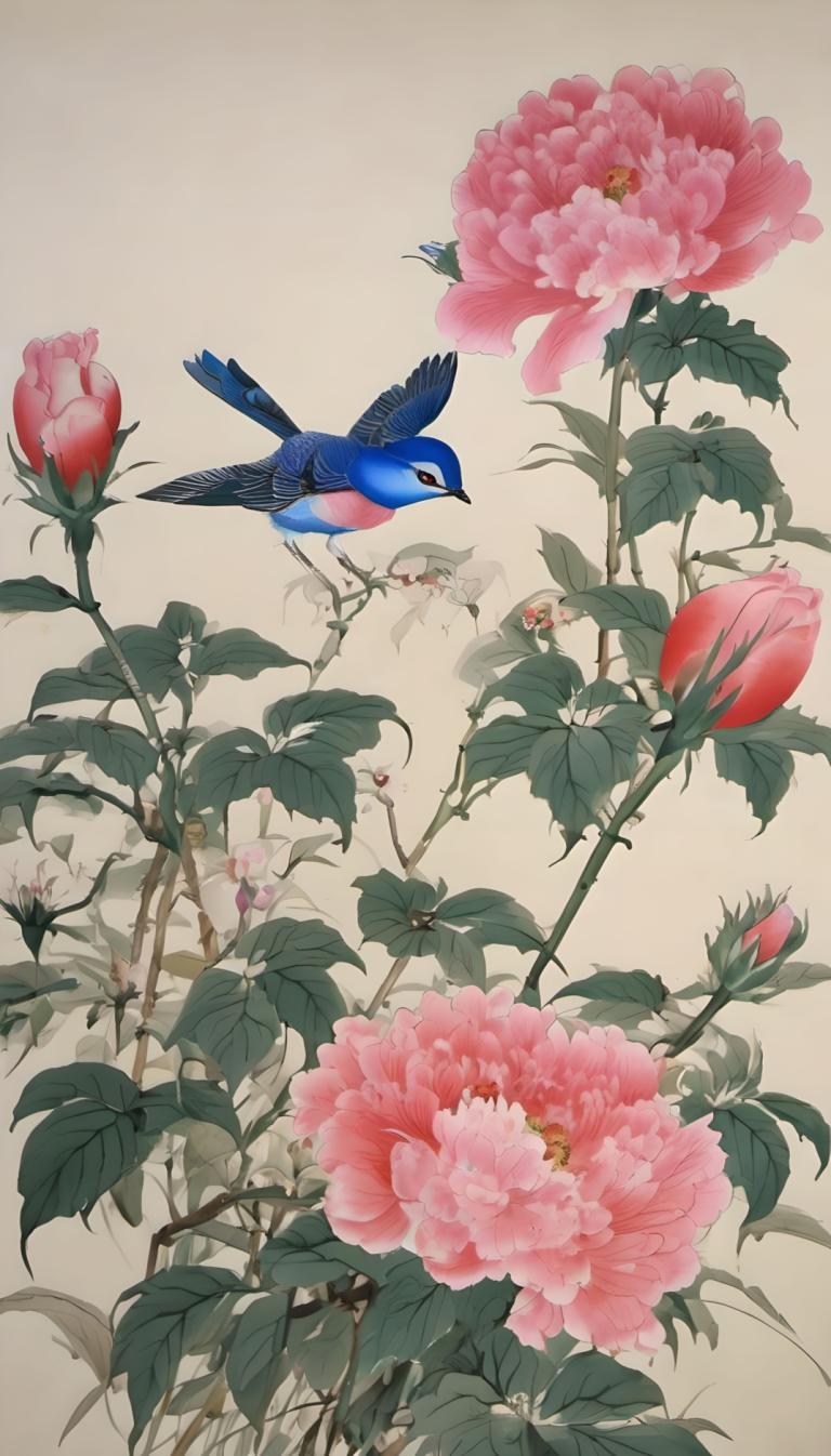 Chinese Paintings,Chinese Paintings, Nature, flowers, no humans, bird, flower, leaf, pink flower