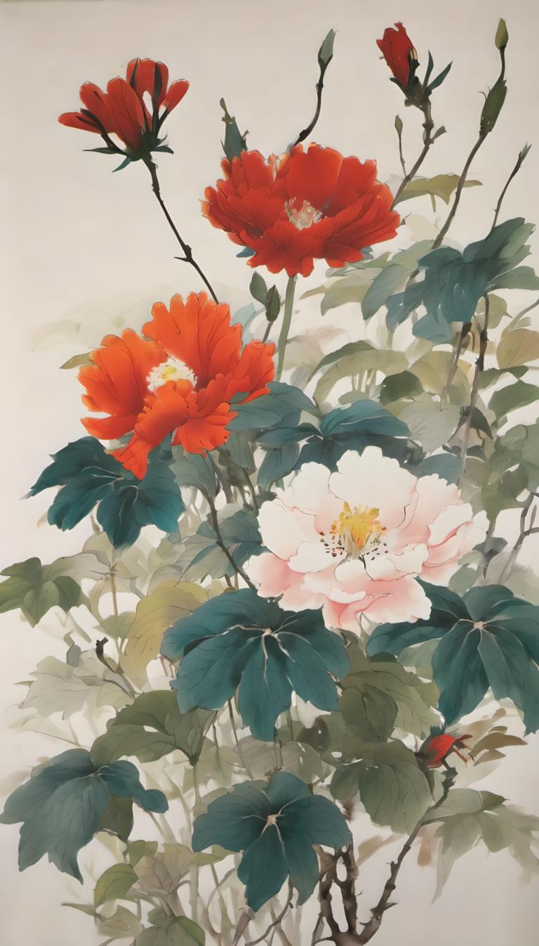 Chinese Paintings,Chinese Paintings, Nature, flowers, flower, plant, leaf, no humans, red flower, blonde hair