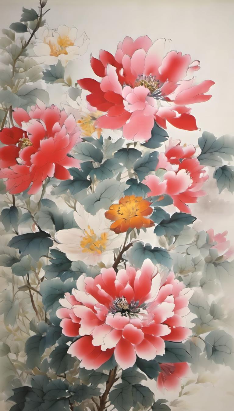 国画,国画, 自然, 花, 没有人类, 花, 静物, 白色的花, 叶子, 粉红色的花, 红花, 传统媒体, 植物, 灰色背景